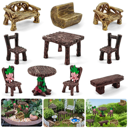 Morofme 10 Pcs Mini Garden Furniture Ornaments Miniature Table and Chairs Resin Bench Chair Kit Garden Furniture Accessories for Cake Topper Micro Landscape DIY Craft Succulent Flower Pot Decorations