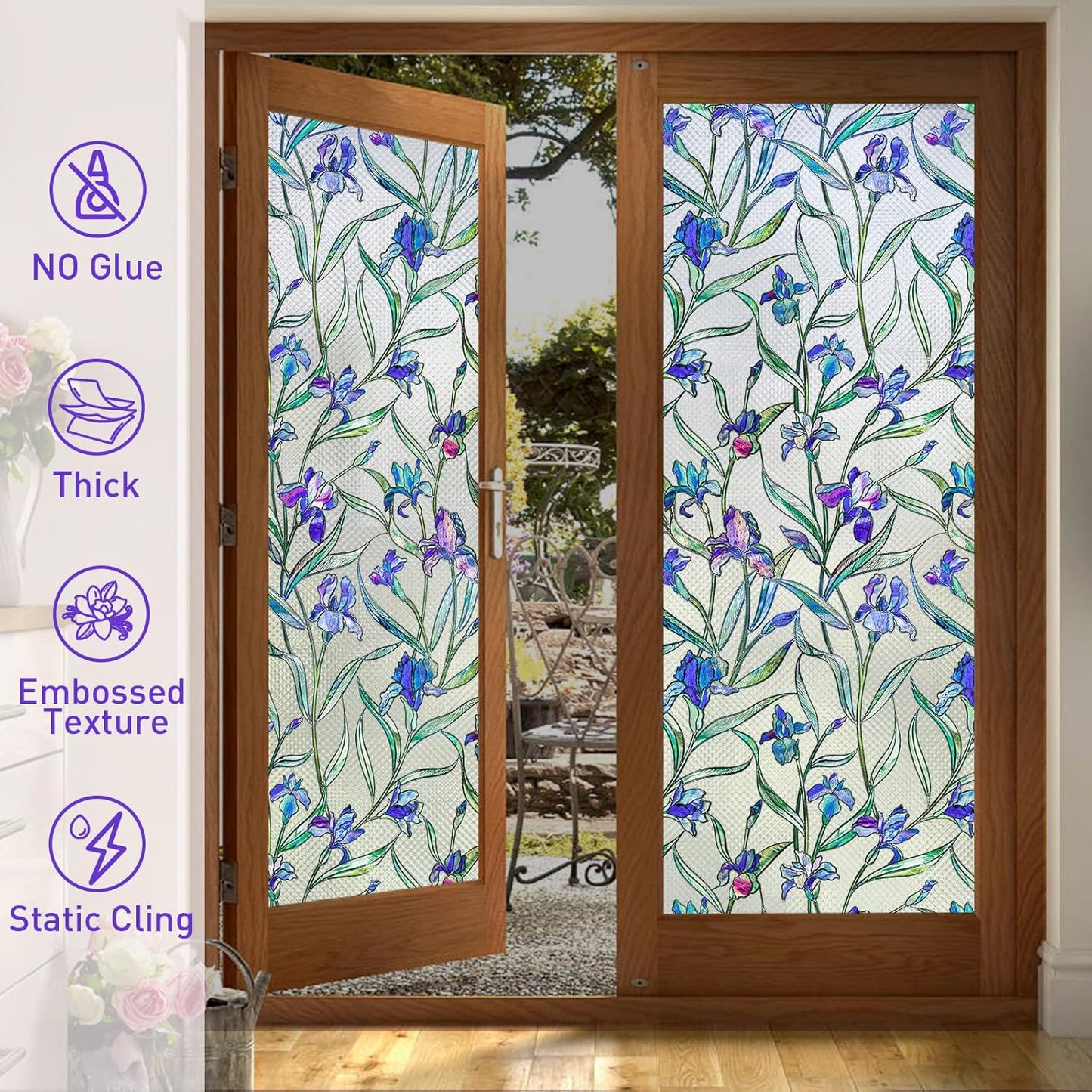 Coavas Stained Glass Window Privacy Film, 3D Violet Flower Static Cling Decals, 17 x 118.1 Inch, Bathroom Sun Heat