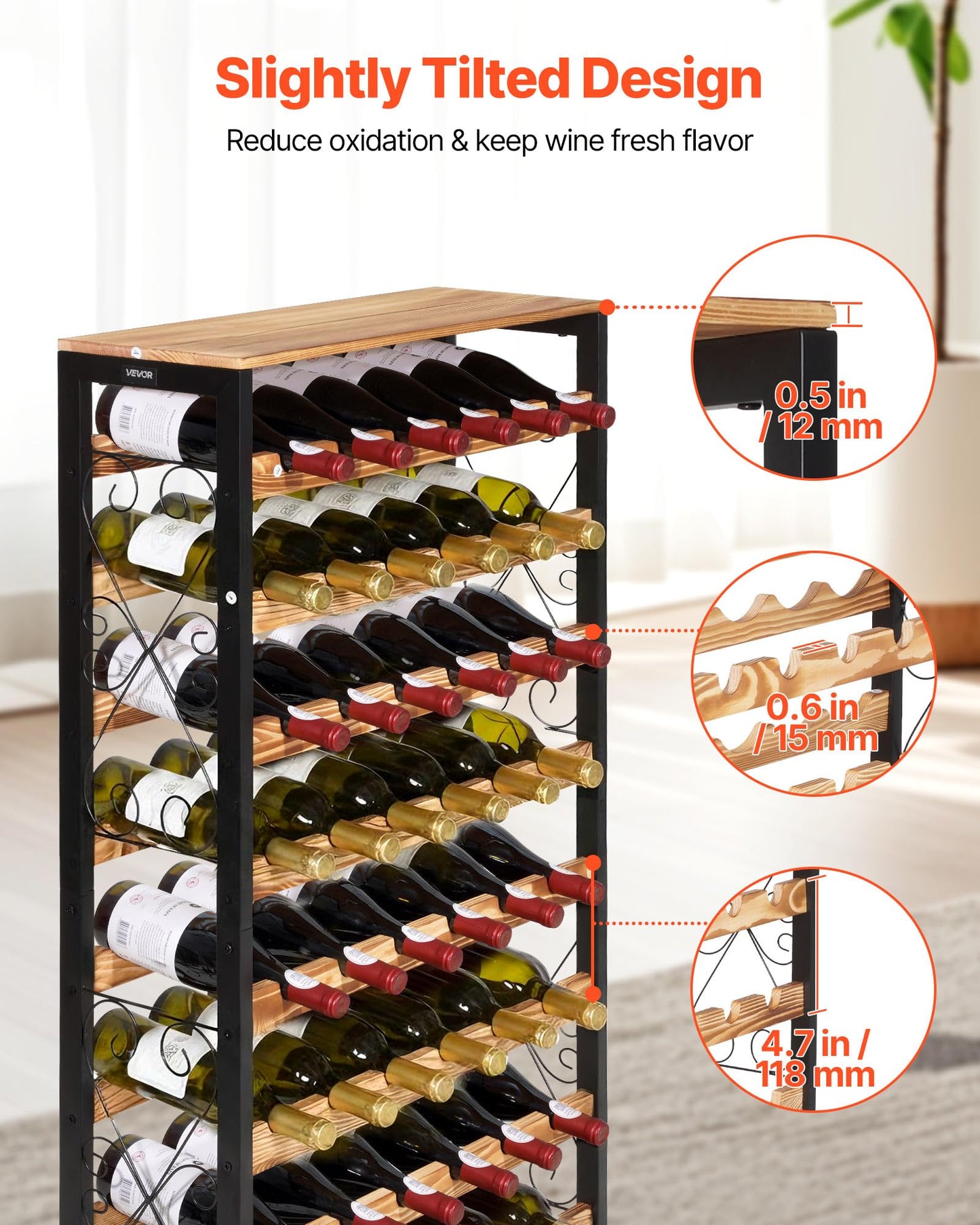 VEVOR 48 Bottle Wine Rack,8-Tier Iron Wine Bottle Holder with Wood Table Top,Freestanding Floor Display Wine Storage Shelves,for Kitchen Pantry, Cellar, Bar, Dining Room,26''L X 9.3''W X 46.9''H