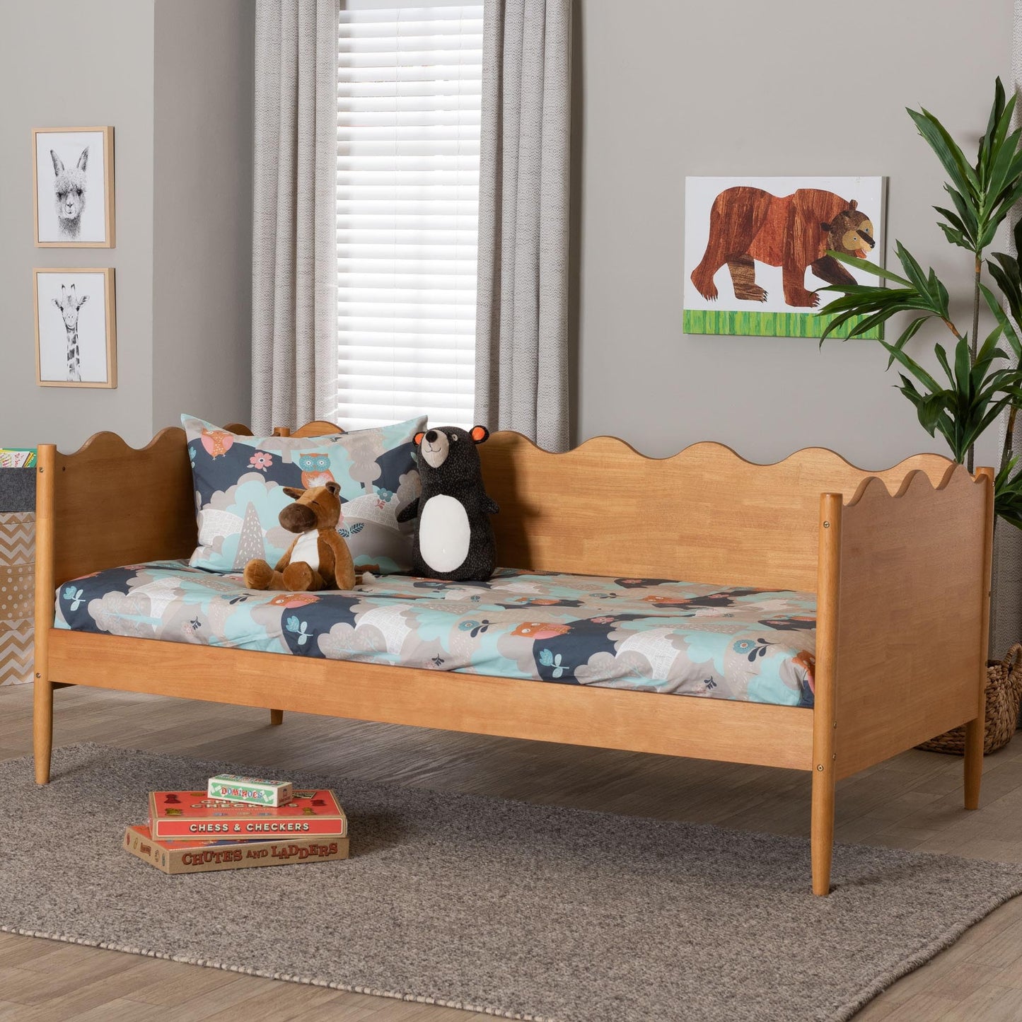 Baxton Studio Malaya Modern Oak Brown Wood Full Daybed with Scalloped Edges