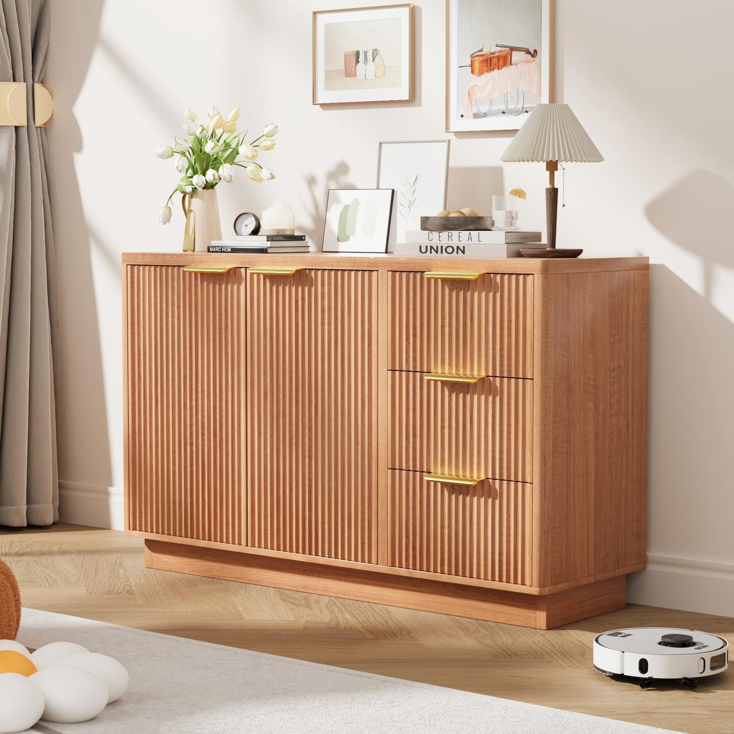 Garvee 47 in Modern Sideboard Buffet Cabinet with Storage, Compact Wood Kitchen Cabinet with 3 Drawers & Shelf, Buffet Table for Dining Room Living Room Apartment, Natural