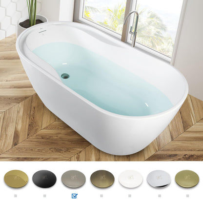 FerdY Lana'i 60" Freestanding Bathtub, Gracefully Shaped Freestanding Soaking tub, Glossy White, cUPC Certified, Brushed Nickel Drain Assembly