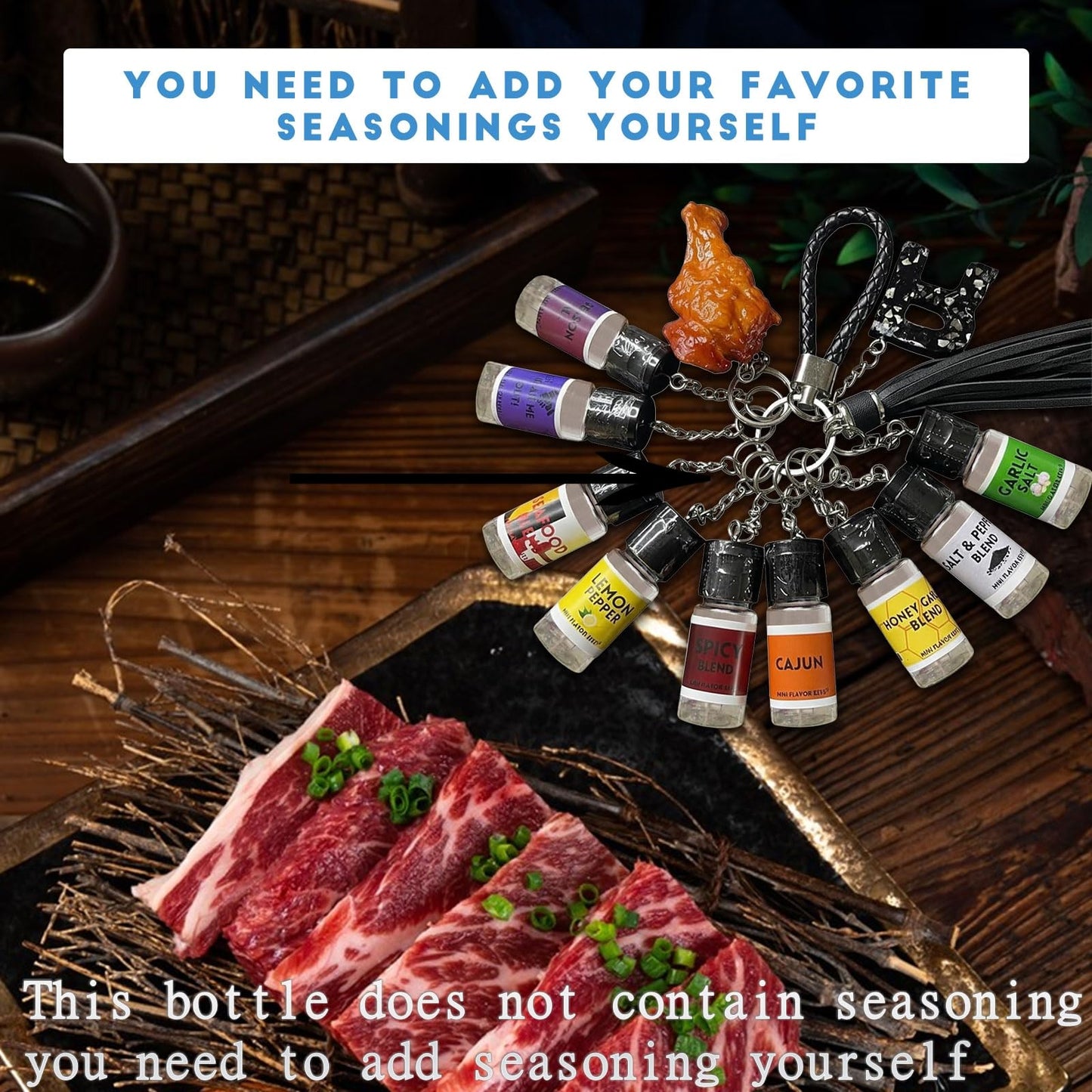 Mini Seasoning Keychain Set with 9 Portable Spice Bottles - Leak Proof Realistic Travel Containers for BBQ, Camping, Picnic, Cooking Outdoors