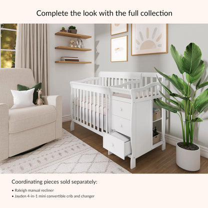 Dream On Me Jayden 4‑in‑1 Mini Convertible Baby Crib & Changer with Storage in White, Pinewood, GreenGuard Gold & BSA, 1” Mattress Pad, 3 Mattress Heights, Converts to Mini Day & Twin-Size Bed