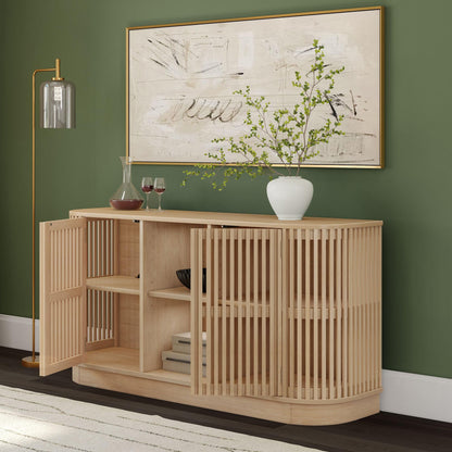 Plank+Beam Contour Wood TV Stand, Two Door Solid Wood Entertainment Console with Storage, 59" L x 16" W x 30" H, Blonde