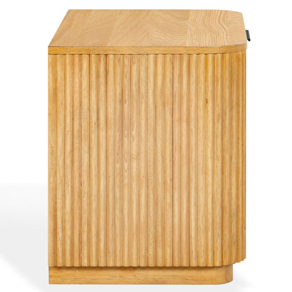 SAFAVIEH Couture Collection – Barrymore Greige Oak Reeded Wood Nightstand, 1 Drawer Bedside Table with Open Shelf, Fully Assembled (SFV2224A)