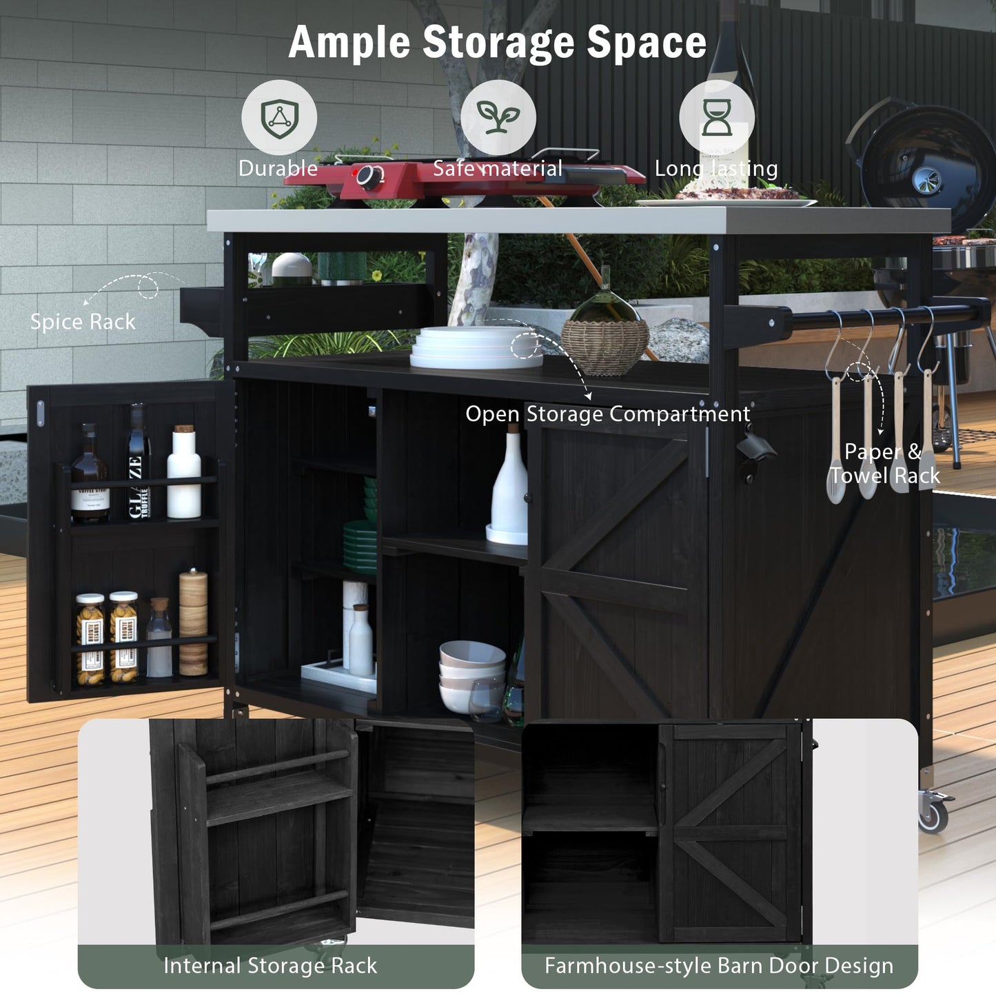 Ball & Cast Outdoor Kitchen Island,Rolling Bar Cart & Storage Cabinet,Farmhouse Solid Wood Outdoor Grill Table with Stainless Steel Top,Spice and Towel Rack,for Kitchen,Barbecue,Black,50.25"