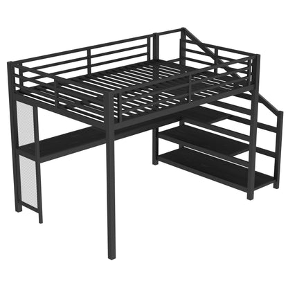 Bellemave Queen Loft Bed with Desk & Storage Stairs, Metal Queen Size Loft Bed Frame with Iron Nets, LED Lights & USB Ports, Heavy Duty Adult LoftBed for Bedroom, Noise-Free, Black Wood