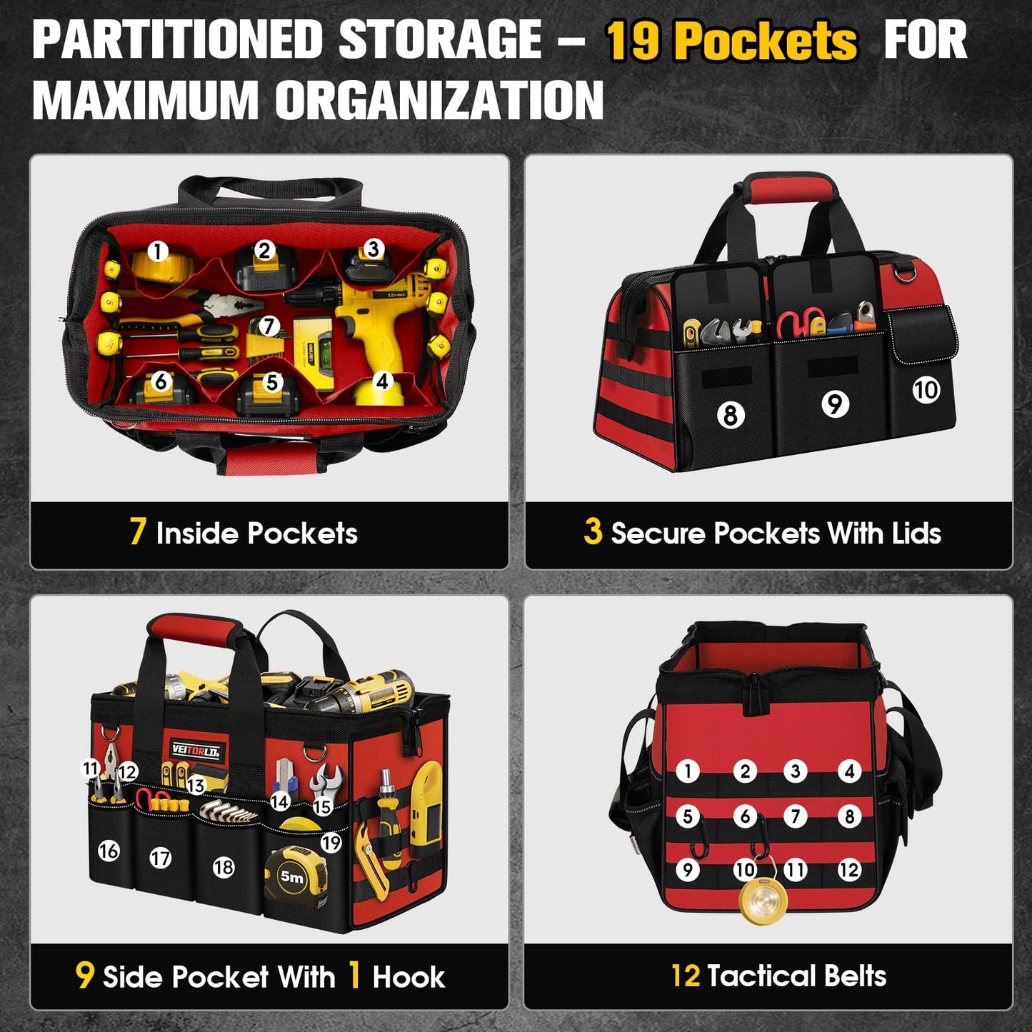 16-Inch Heavy Duty Tool Bag, 19-Pockets Tool Box Organizer, Portable Toolbag W/Soft Handle for Organized Storage, Mechanic Gifts for Men Dad Husband Fathers Day, Wide Mouth Electrician Toolbox, Red