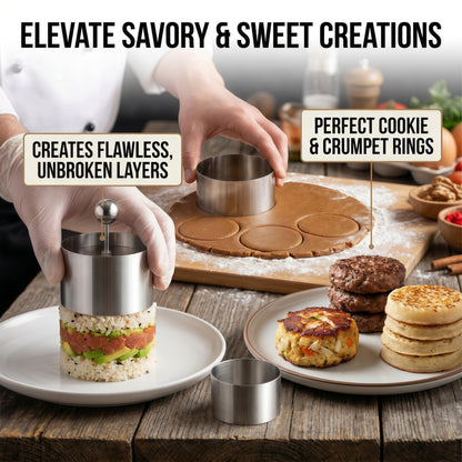 Stainless Steel Cake Ring Set of 3 Professional Round Ring Mold with Press, Small Pastry Baking Molds & Metal Cookie Rings for Mousse Desserts