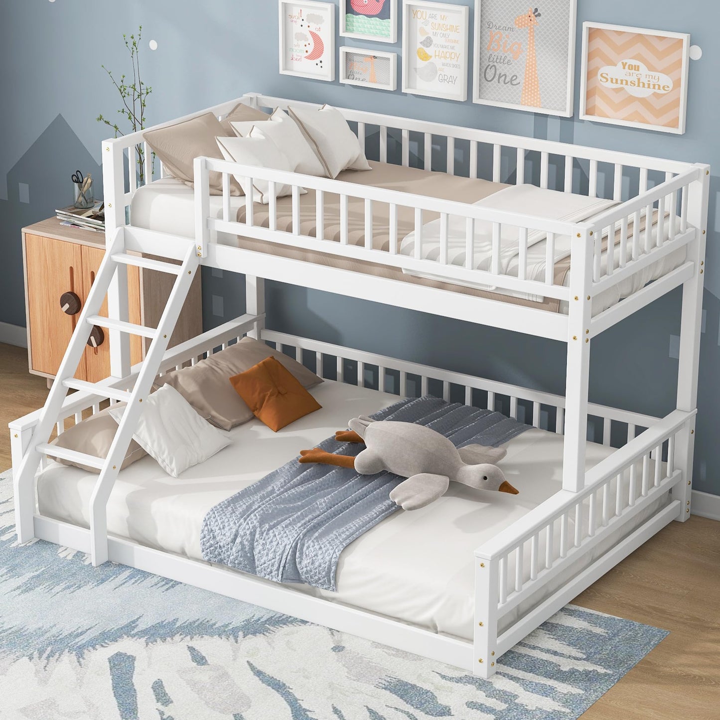 GDFStudio Twin XL Over Queen Bunk Bed with Ladder & Guardrails, Convertible Stacked or Separate Beds, Modern Space Saving Bed Frame, Bedroom Storage Solution, Solid Pine Wood Frame, White