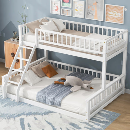 GDFStudio Twin XL Over Queen Bunk Bed with Ladder & Guardrails, Convertible Stacked or Separate Beds, Modern Space Saving Bed Frame, Bedroom Storage Solution, Solid Pine Wood Frame, White
