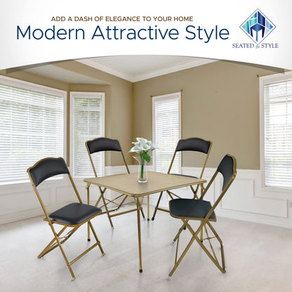 Premium Folding Chairs 4 Pack - Narrow 15" Seat, Padded Seat & Back - Folds Ultra Slim (~1 Inch) - Elegant Event Seating for Weddings, Parties & Dining Gold Frame Black Vinyl