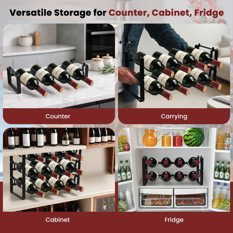 STAEVER Black Wine Rack for 12 Bottles – Stackable & Expandable Metal Wine Bottle Holder for Bar Counter, Cabinet, Pantry, or Small Spaces – Modern Freestanding Wine Storage Shelf (3 Tier, Black)