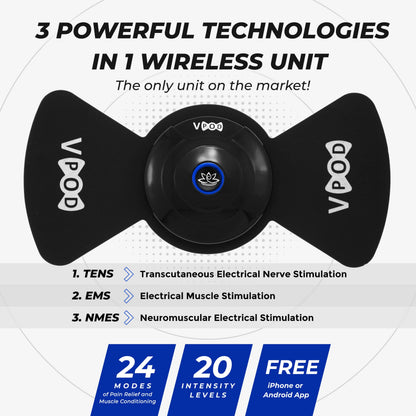 VPOD Deluxe Wireless TENS Unit Muscle Stimulator with Smartphone App Control - Bluetooth Enabled for Pain Relief Therapy - Rechargeable Portable Device for Back and Neck Pain
