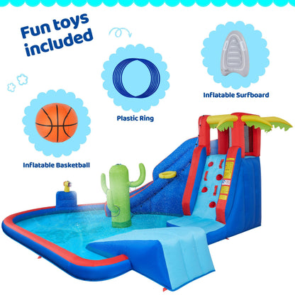 Yaheetech Inflatable Water Slide, Blow Up Water Slide Park Castle for Kids Aged 3-10 w/Splash Pool, Water Cannon, Ring Toss, Basketball, Surfboard and Climbing Wall, Water Slide with 520W Blower