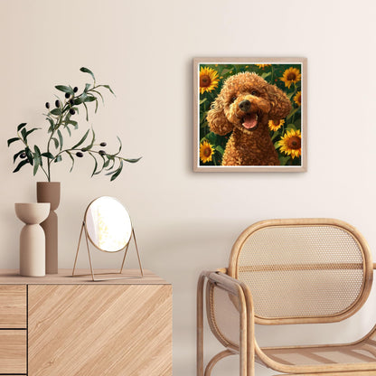 Cute Brown Poodle Dog in Sunflowers 5D Diamond Art Painting by Number Kits for Adults DIY Paint with Full Drill Round Diamond Gems Painting Art Craft for Home Wall Decor 13.8x13.8in(3)