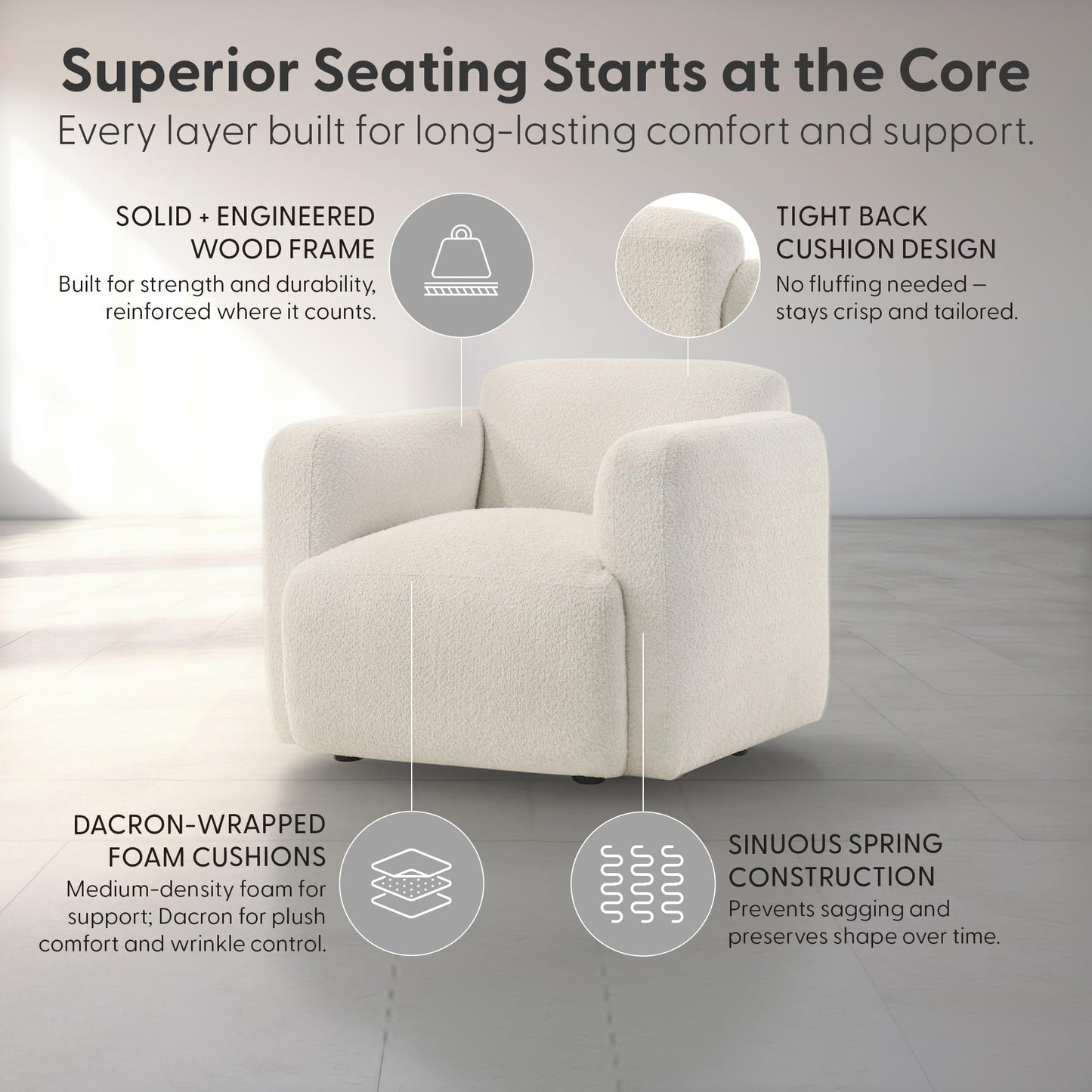 Sierra Modern Ivory White in Boucle Fabric Accent Chair with Rounded Arms for condo or Small Apartment