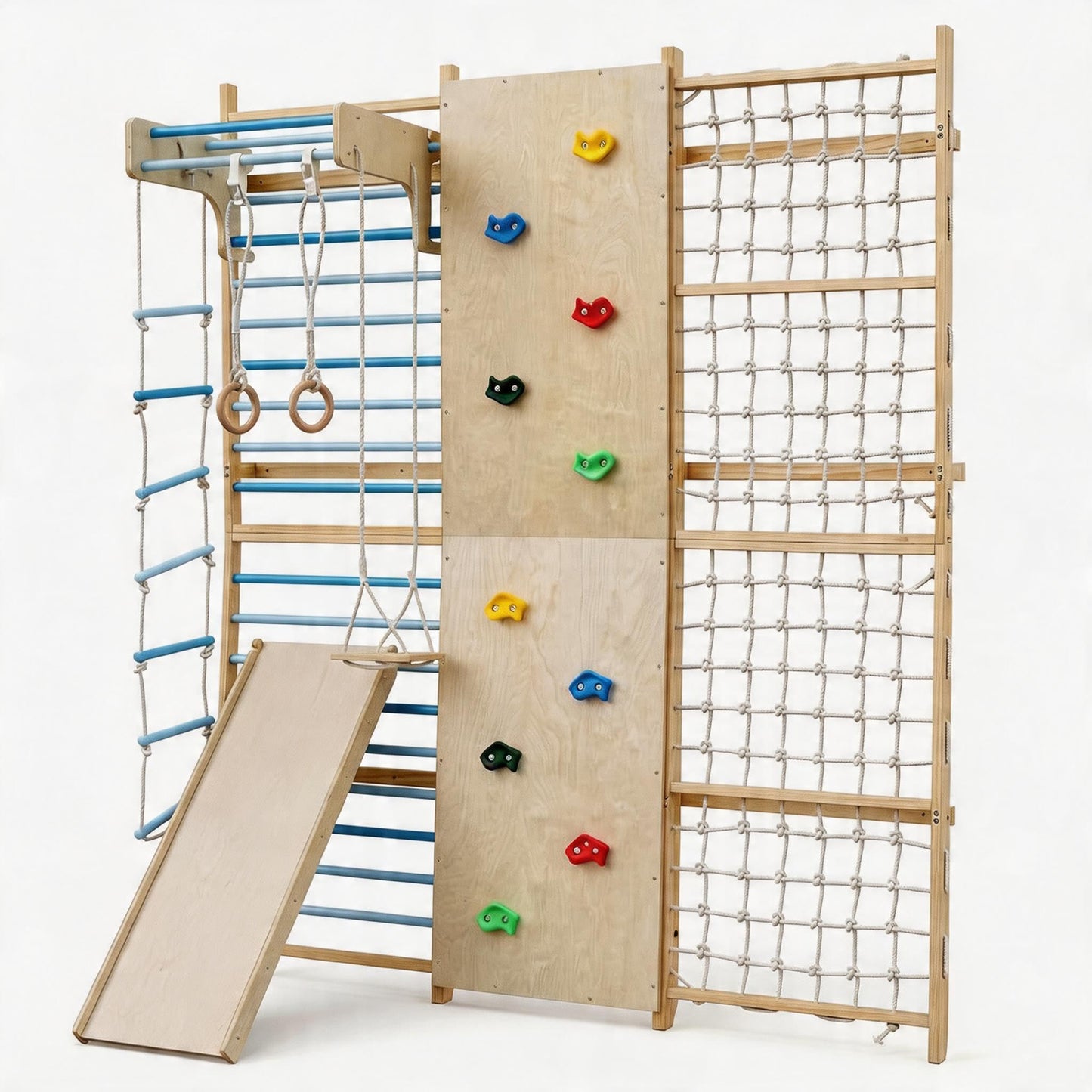 ActiveTrail Multi-Functional Swedish Ladder Wall Gym, 94.5'' Wooden Wall-Mounted Climbing Set with Slide, Swing, Rope, Rings, Monkey Bars, Indoor Playset for Kids and Adults