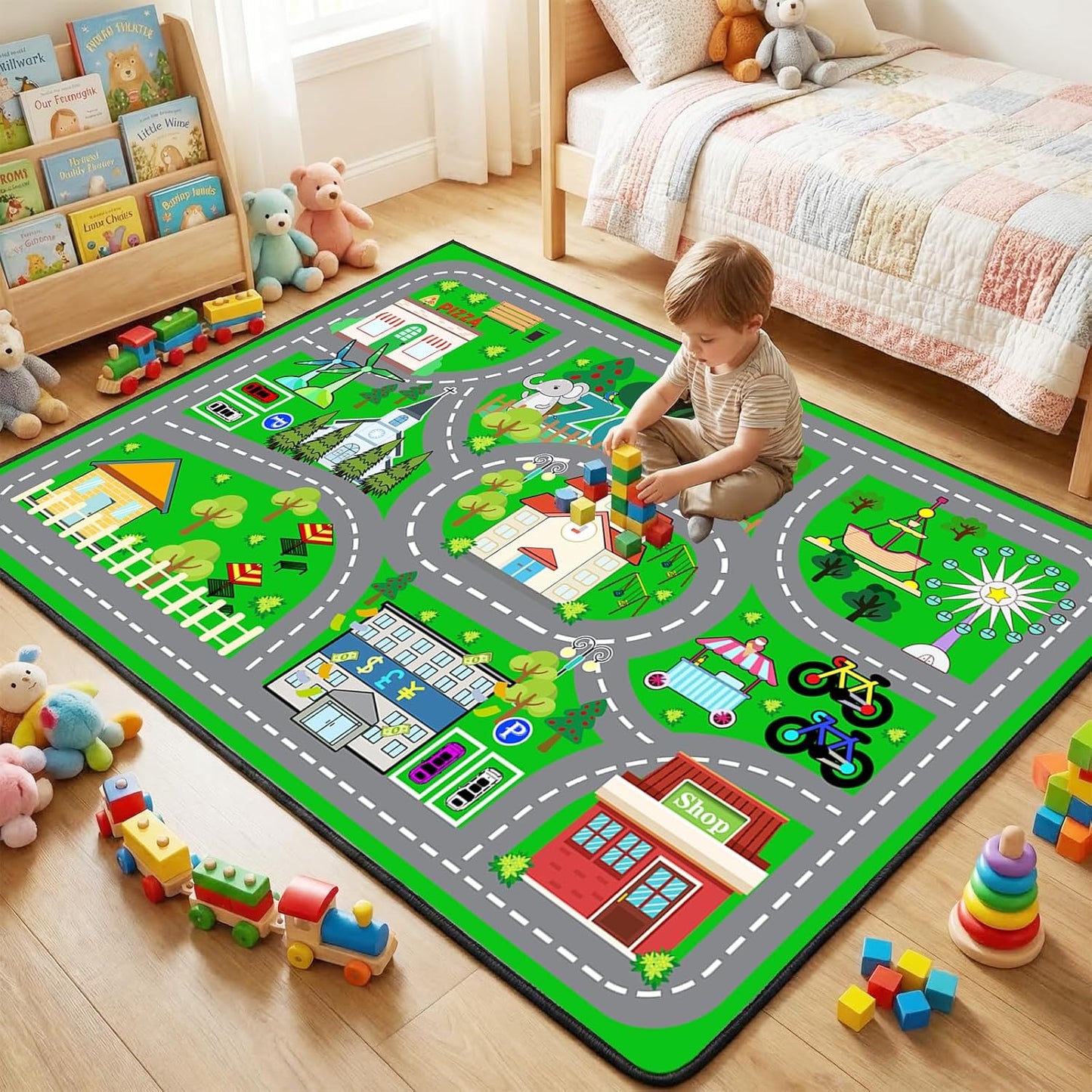 2.5x4 Car Rug Play Mat - Green Road Rug for Kids Boys Room, Fun Race Track Traffic Road Carpet for Boys Playmat
