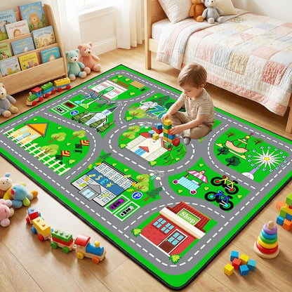 2.5x4 Car Rug Play Mat - Green Road Rug for Kids Boys Room, Fun Race Track Traffic Road Carpet for Boys Playmat
