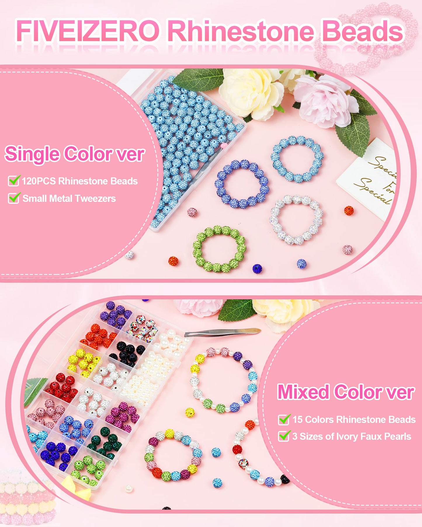 120PCS FIVEIZERO Rhinestone Beads for Jewelry Making, 10mm Dark Pink Shiny Round Sparkle Crystal Clay Beads Bulk Sparkly Baseball Necklace Bead for Bracelets and DIY Crafts