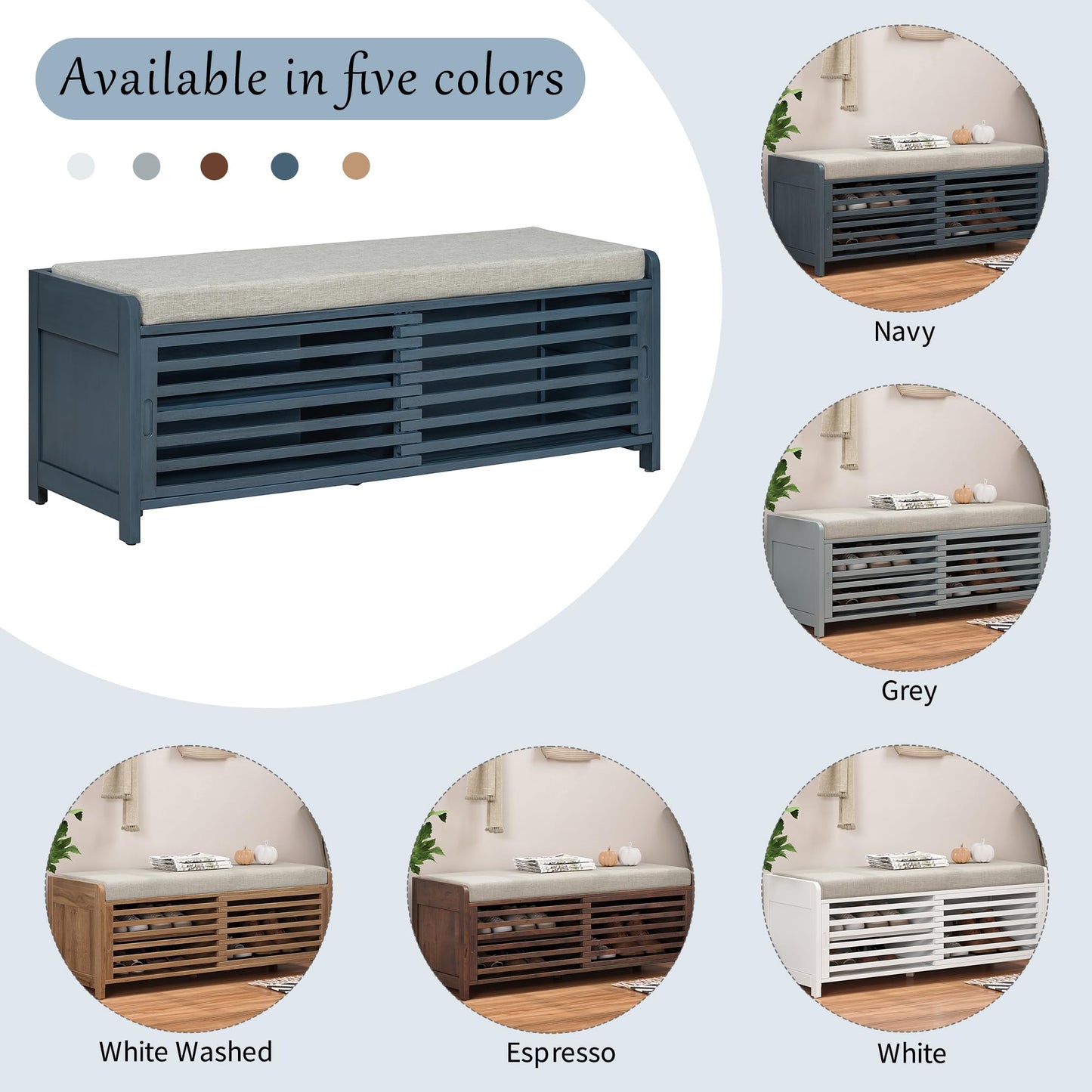 Ball & Cast Entryway Storage Bench with Shutter Doors, 43.3" Wooden Shoes Organizer, Modern Movable Upholstered Seat Entryway Shoe Rack Cabinet for Hallway Living Room, Navy Blue