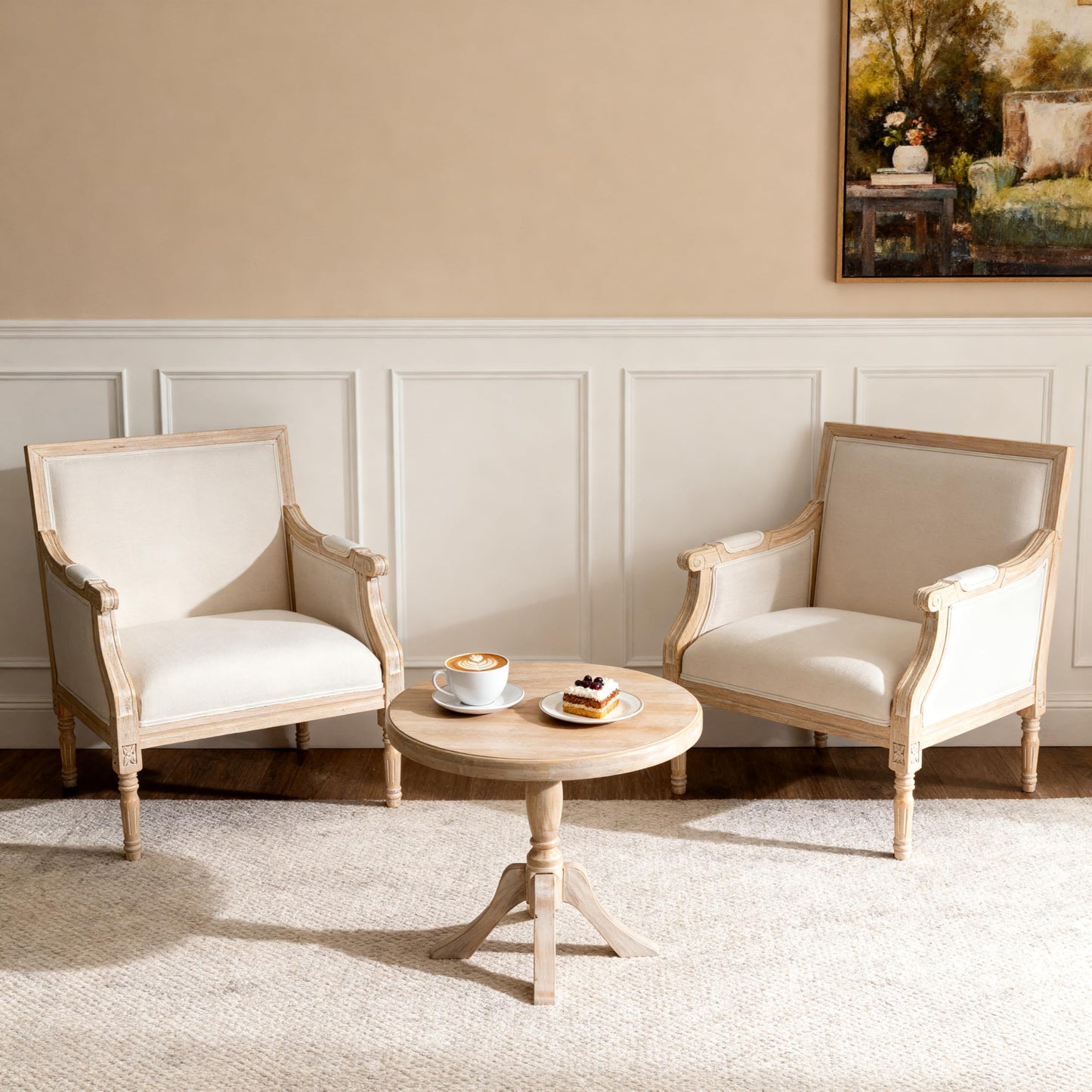French Accent Chair(Single),Traditional Solid Wood Frame Armchair with Linen Upholstery,Distressed Antique Finish,Foam-Cushioned Seating for Living Room,Bedroom,Office,Reading Nook,Home Décor,Beige