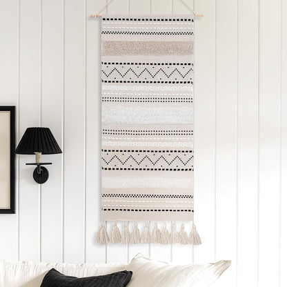 16x39 INCH BlissBlush Long Vertical Wall Hanging Tapestry Woven Boho Farmhouse Decor Black Beige Cream Tassel Handmade