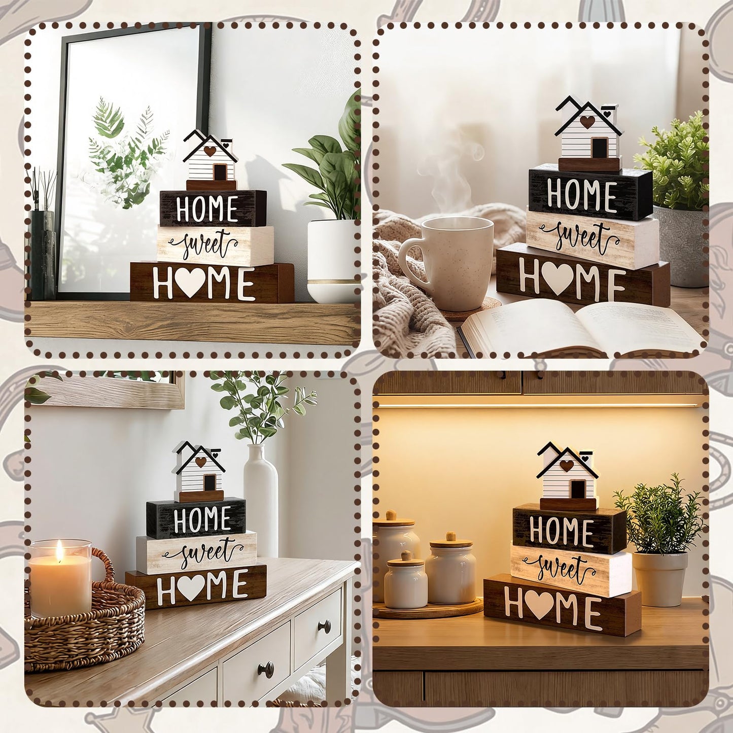 Cinnvoice 4 Pcs Woodhouse Wooden Block Decor Farmhouse Tiered Tray Signs Home Sweet Home Tabletop Centerpiece for Kitchen Shelf Decoration Housewarming Gifts