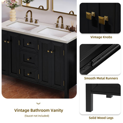 DWVO 47 Inch Bathroom Vanity with Double Sink, Retro Bathroom Storage Cabinet with Sintered Stone Countertop, Six Holes, 4 Doors & 3 Drawers