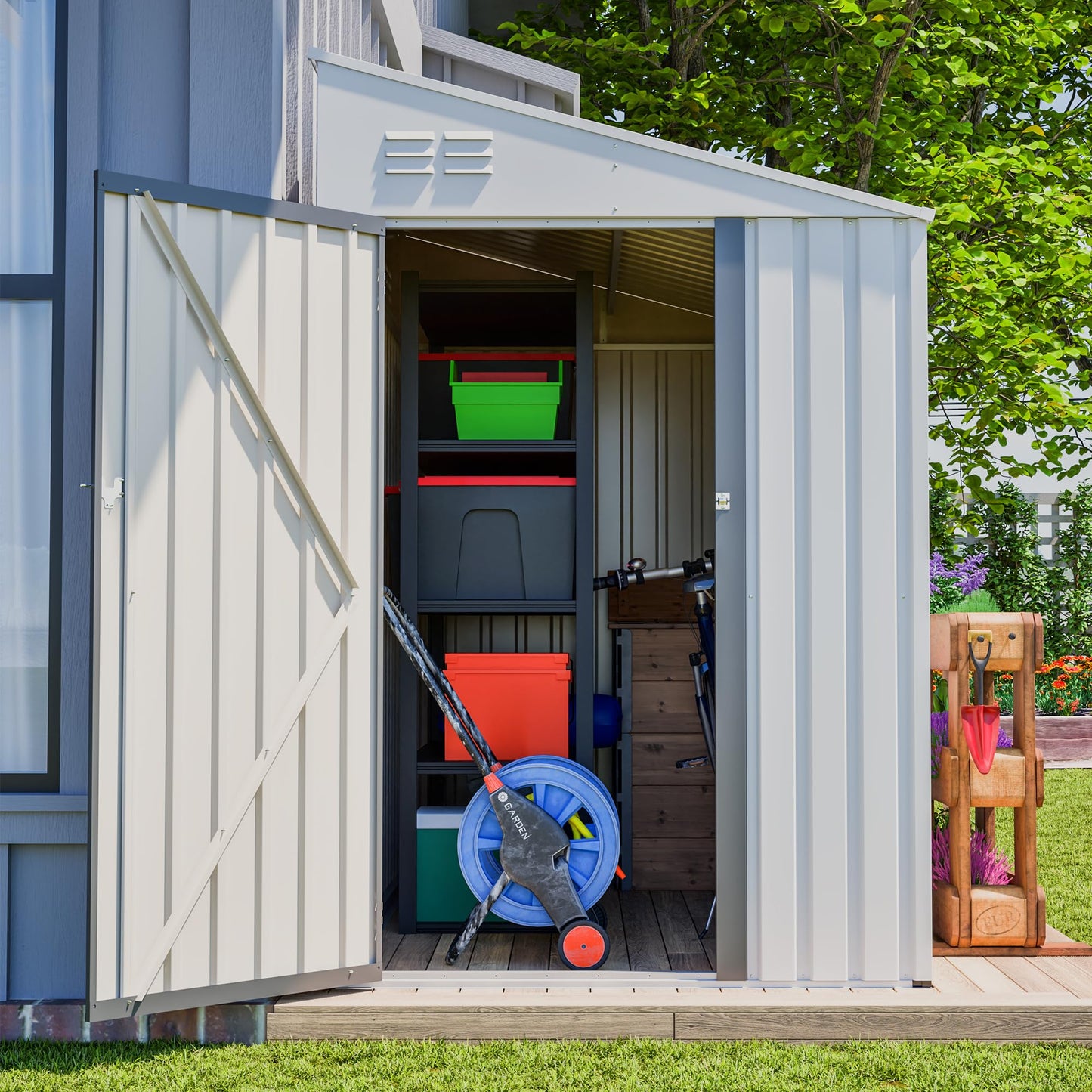 YOPTO 4×7 FT Outdoor Metal Storage Shed,Heavy-Duty Lean to Storage Shed with Lockable Door and Reinforced Beams,All Weather Waterproof Storage House W/2 Air Vents,for Backyard,Patio,Lawn,White