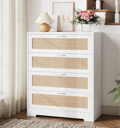 GarveeHome Rattan Dresser, Tall Chest of Drawers, Wood Dresser for Bedroom, Closet, Living Room, Hallway (White, 15.8" D x 31.5" W x 38.6" H (4 Rattan Drawers))