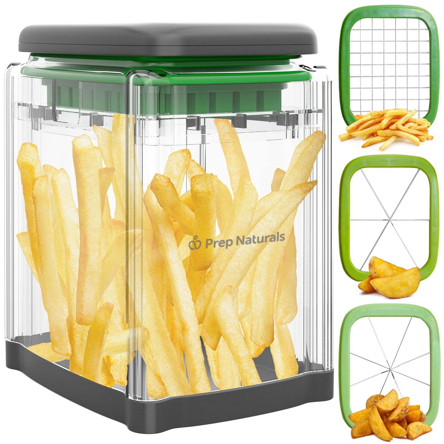 Prep Naturals 3-in-1 Manual French Fry Cutter - Interchangeable Blades for Potato Cutter & Fry Slicer - Functions as Potato Dicer & Food Dicer - Includes Safety Glove - Medium, Gray