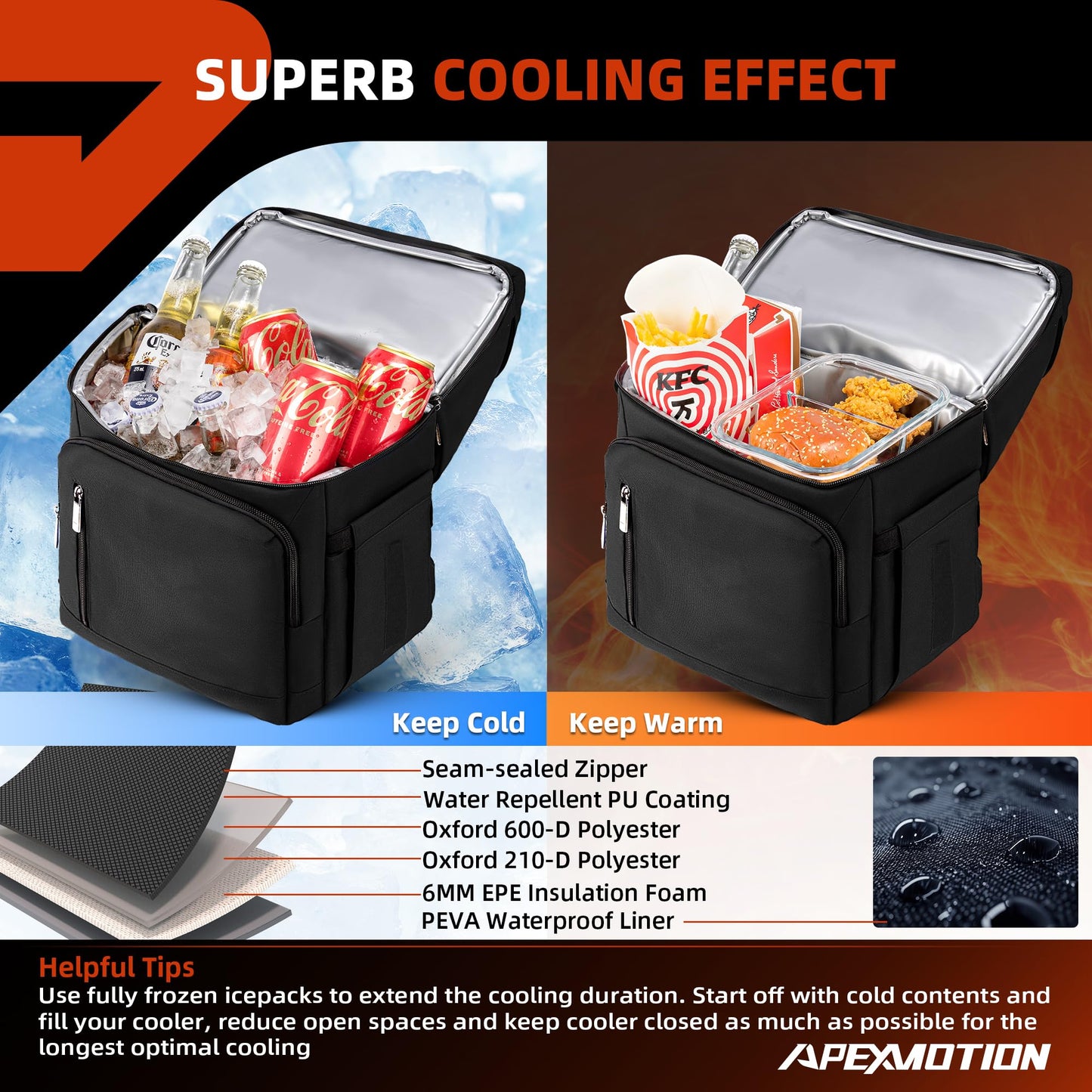 COOLJOB Insulated Cooler Backpack for Men Women, Leakproof Lunch Bag with Waterproof Liner, Double Roomy Deck, RFID, Black