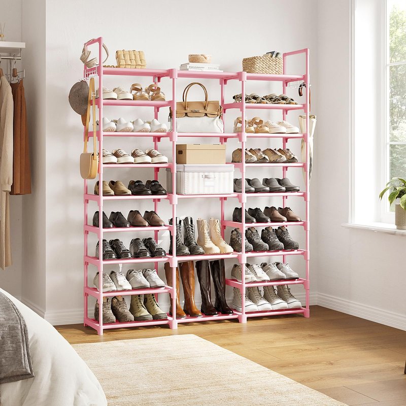 WOWLIVE 9 Tiers Shoe Rack Shoe Storage Shoe Organizer 50-55 Pairs Shoe Tower Unit Shelf Durable Metal Pipes with Plastic Connectors Stackable Cabinet Pink