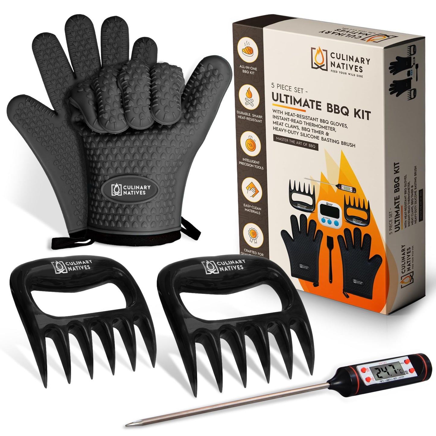 Smoker Gloves and Meat Claws | Instant-Read Thermometer | No.1 Silicone Smoker Gloves & Pulled Pork Claws | Heavy-Duty Heatproof BBQ Mitts and Meat Shredders for Barbecue, Grilling, Smoking, Shredding