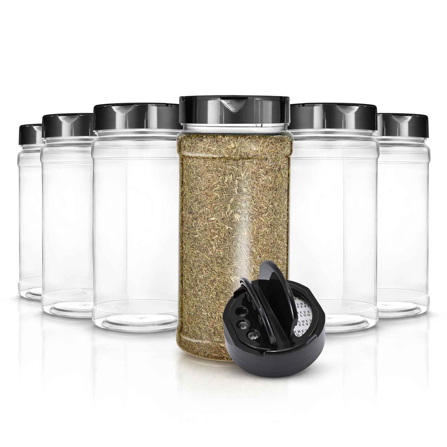 6 Pack 16 oz Plastic Spice Jars, Empty Seasoning Containers for Homemade Rub, Spices, Glitter, and More, Small Spice Containers with Black Shaker Lids and Heat-Induction Liner, Clear Spice Jars