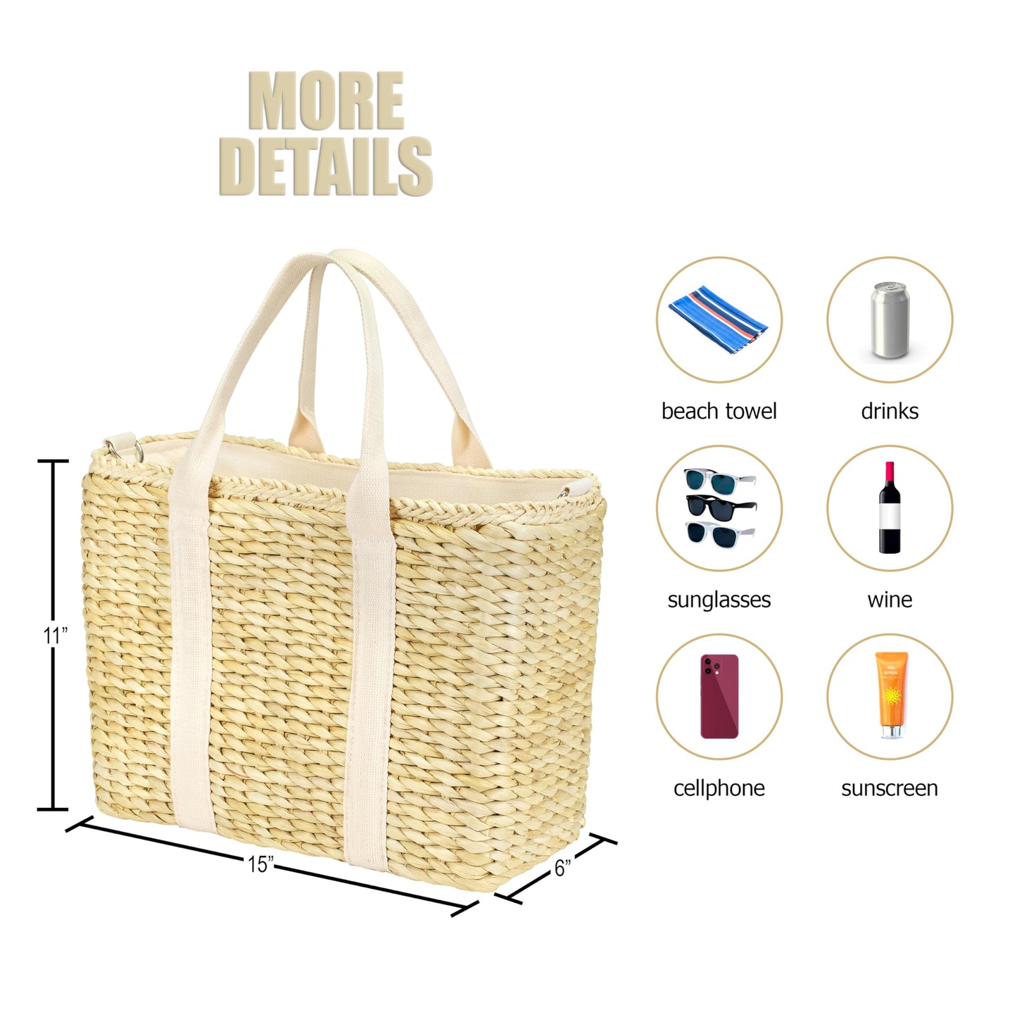 Daytani Insulated Beach Cooler Bag, Leak Proof, Premium Quality Corn Husk, Beach Bag, Pool Bag, Tote Bag, Straw, Rattan, Gifts for Women, Picnic Basket, Wedding Gifts, Lunch