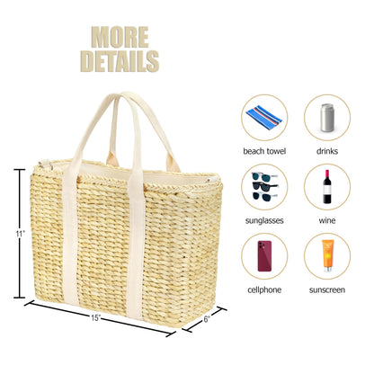 Daytani Insulated Beach Cooler Bag, Leak Proof, Premium Quality Corn Husk, Beach Bag, Pool Bag, Tote Bag, Straw, Rattan, Gifts for Women, Picnic Basket, Wedding Gifts, Lunch