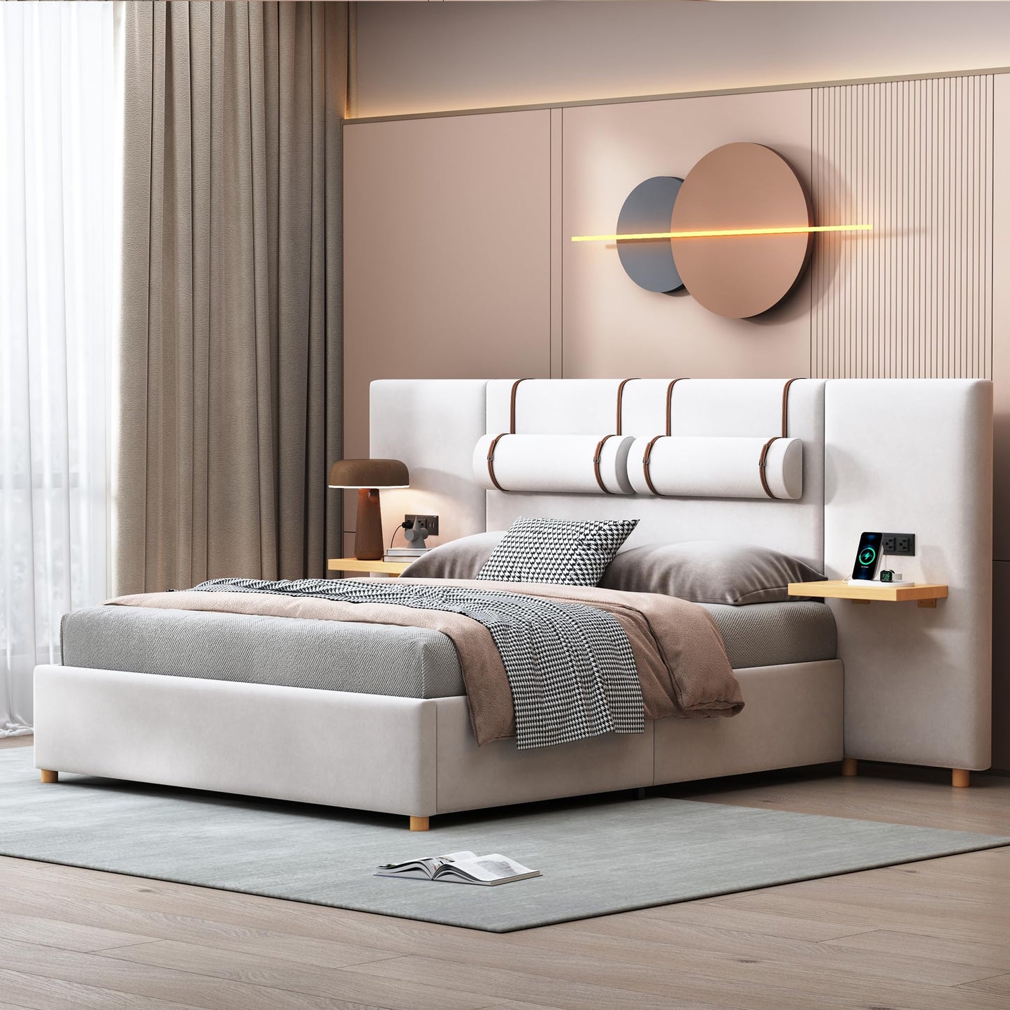 Ball & Cast Queen Upholstered Platform Bed with Oversized Soft Headboard,Wood Bedframe W/Integrated Storage Shelves,Power Outlet & USB Port on Both Sides,for Bedroom Guest Room Apartment,Beige Velvet