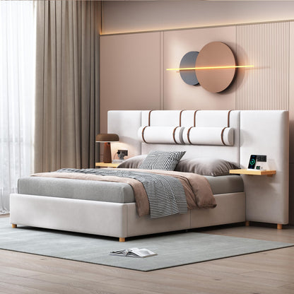 Ball & Cast Queen Upholstered Platform Bed with Oversized Soft Headboard,Wood Bedframe W/Integrated Storage Shelves,Power Outlet & USB Port on Both Sides,for Bedroom Guest Room Apartment,Beige Velvet