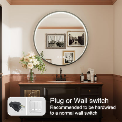 JSneijder 36 Inch Bluetooth Bathroom Mirror with LED Lights, Black Frame Round Vanity Mirror with Lights and Bluetooth, Anti-Fog, Dimmable, 3000K/4500K/6000K, CRI 90+,Memory Function