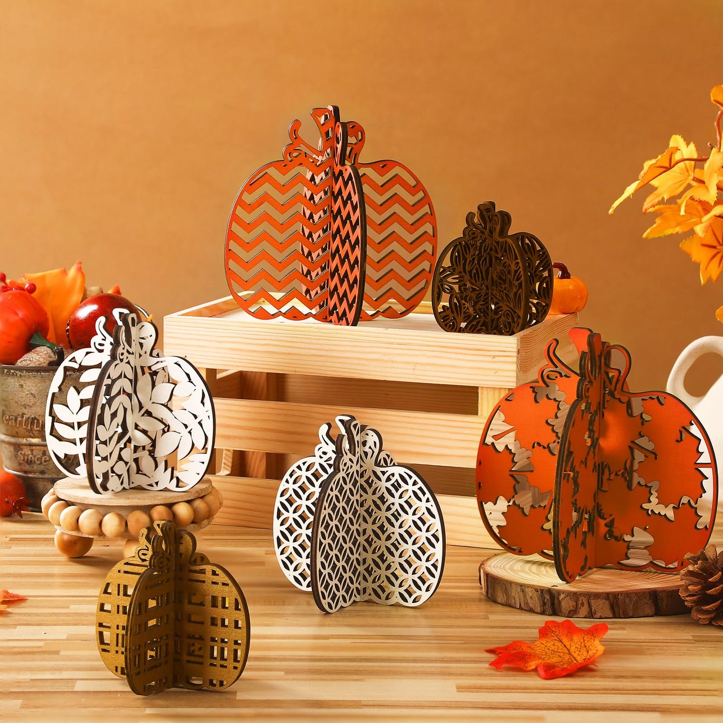 Soaoo 12 Pieces Thanksgiving Wooden Table Signs Pumpkin Wood Table Decoration Thanksgiving Tiered Tray Decoration Fall Centerpieces Harvest Block Sign Farmhouse Decorations for Home Party Indoor