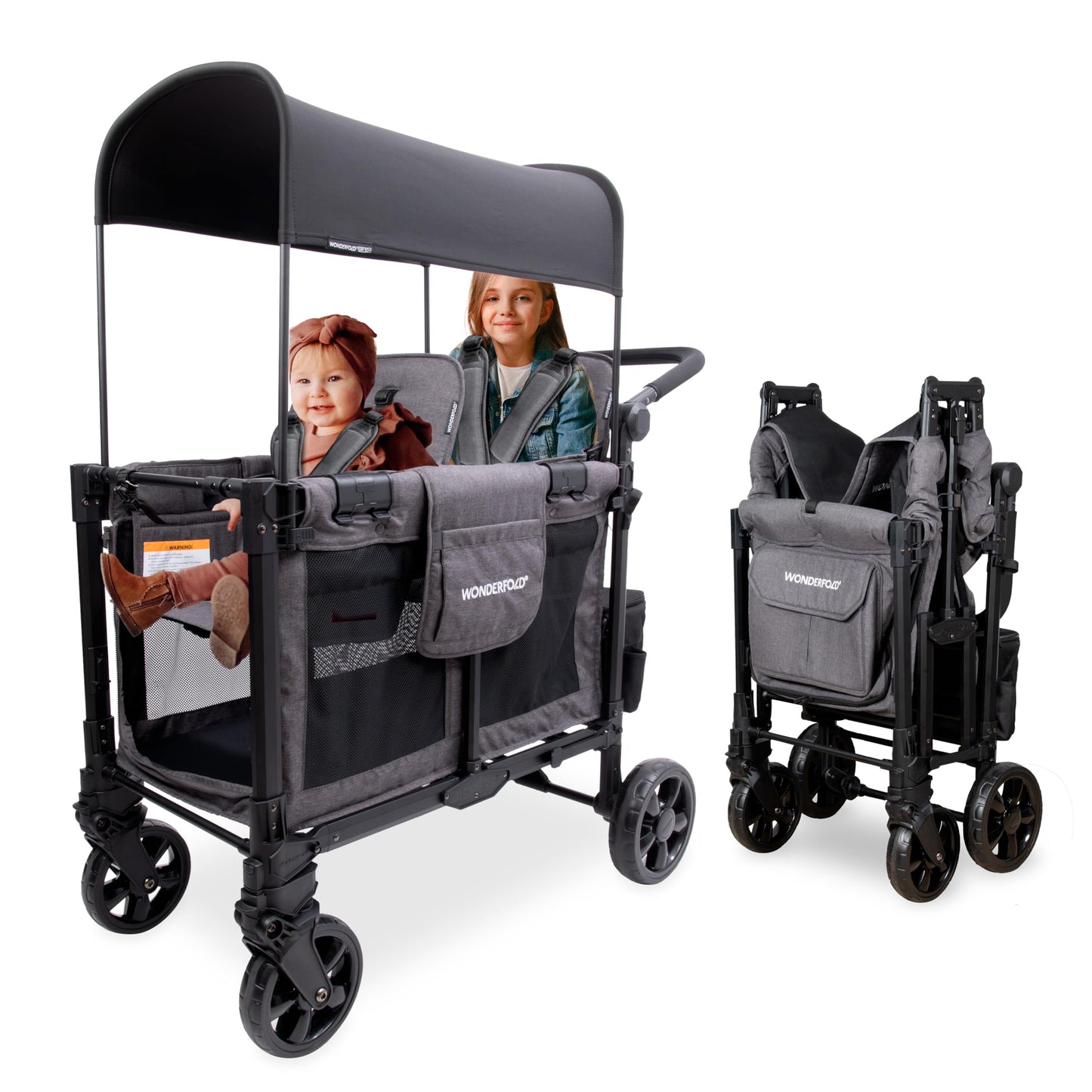 WonderFold W2 Elite Pro Stroller Wagon - Foldable Wagon with Aluminum Frame - Adjustable Canopy & Push Handle - All-Terrain Wheels - for Babies, Toddlers & Kids - 4 Seater - Gray