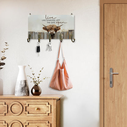 Beliran Highland Cow Decor Key Holder for Wall 10"x5.12", Highland Cow Gifts Key Hanger Wall Mount, Live Like Someone Left The Gate Open Rustic Farmhouse Wooden Hanging Keys Holder Decor for Entryway