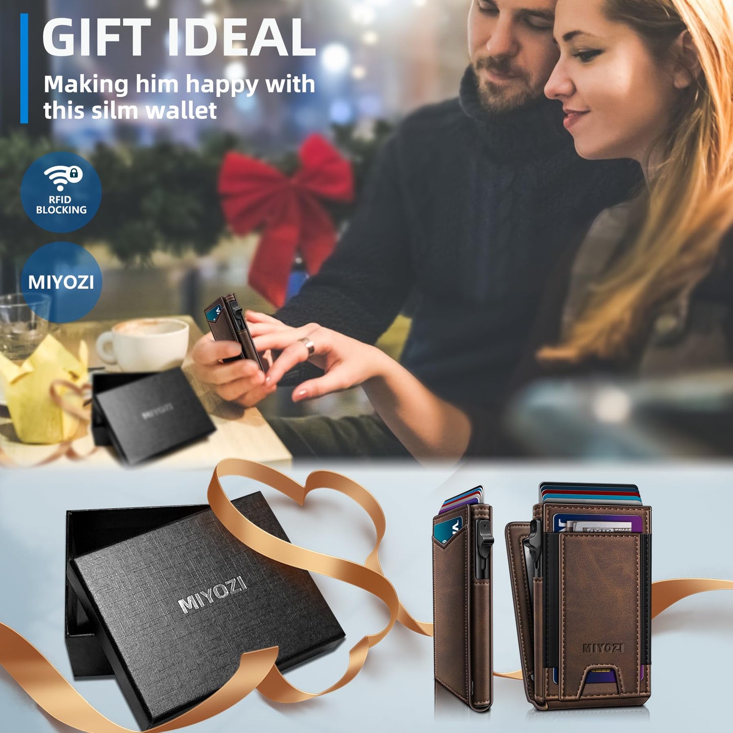 miyozi Wallet for Men, Slim Pop Up Card Holder - RFID Blocking Minimalist Bifold Wallet with ID Window, Holds 9-11 Cards & Stretchable Strap, Metal Flip Case with Magnetic Closure, Gift Box
