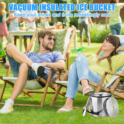 meekoo 4 L Double Wall Insulated Ice Bucket with Lid, Scoop, Strainer, Handle Large Stainless Steel Wine Ice Bucket Upgraded Cover Keep Frozen Longer for Cocktail Bar Parties(Silver)