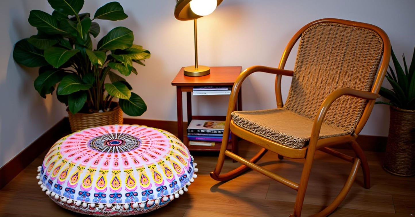 22" CRAFT KALA Floor Pillows Cover for Sitting, Large Meditation Cushions Cover for Adults, Bohemian Mandala Round Pouf