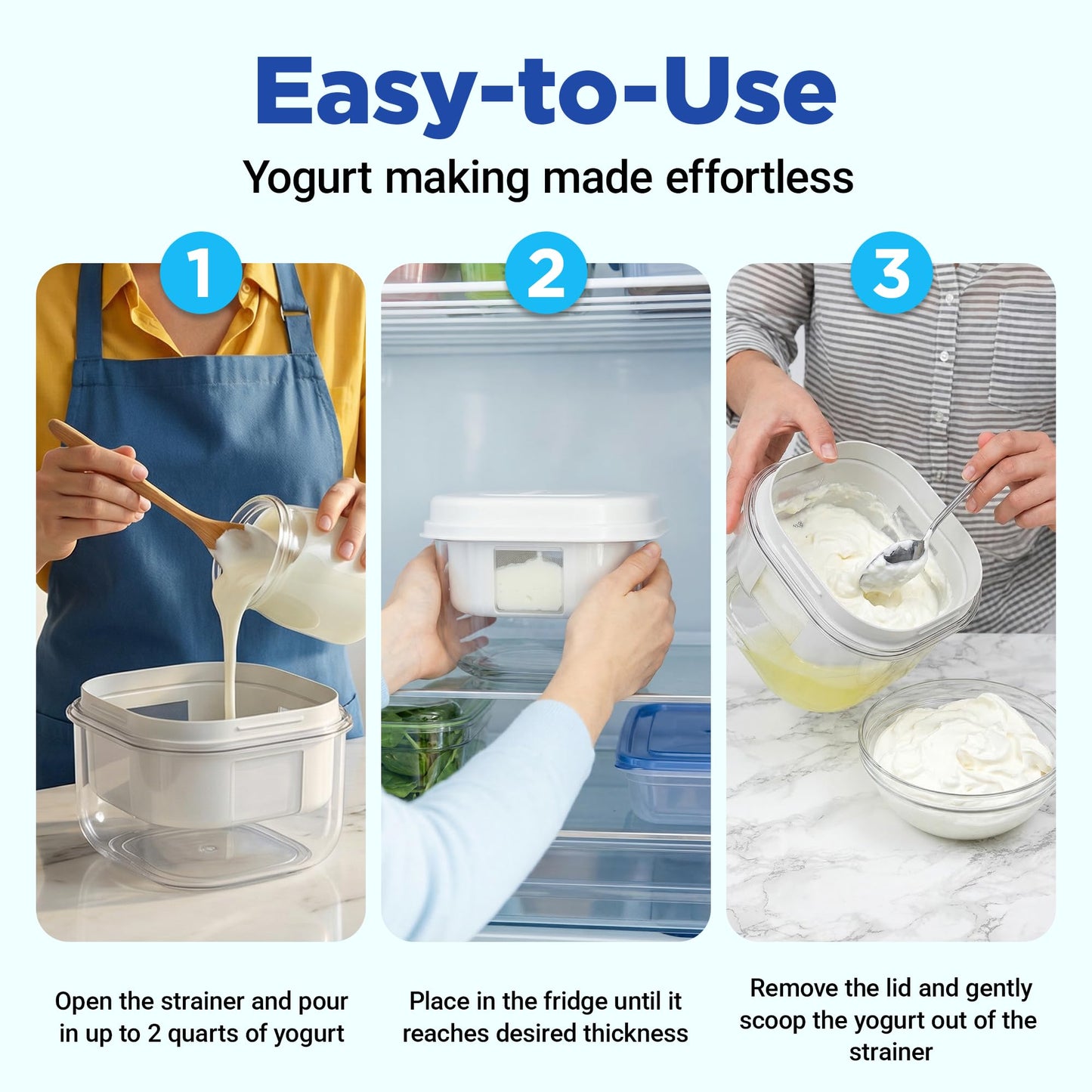 Ultimate Yogurt Strainer, Make Delicious, High Protein, Greek Yogurt, 70% Less Sugar & Lactose, Fine Mesh Nylon Greek Yogurt Maker, 100% BPA-Free & Dishwasher Safe with Large 2.3 Quart Capacity
